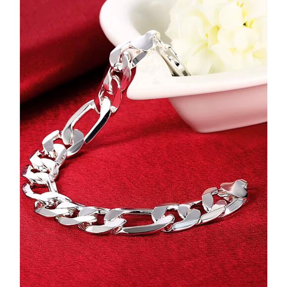 925 Stamped Silver-Color Figaro Chain Set 12MM 22" Necklace & 8" Bracelet - Picture 5 of 9